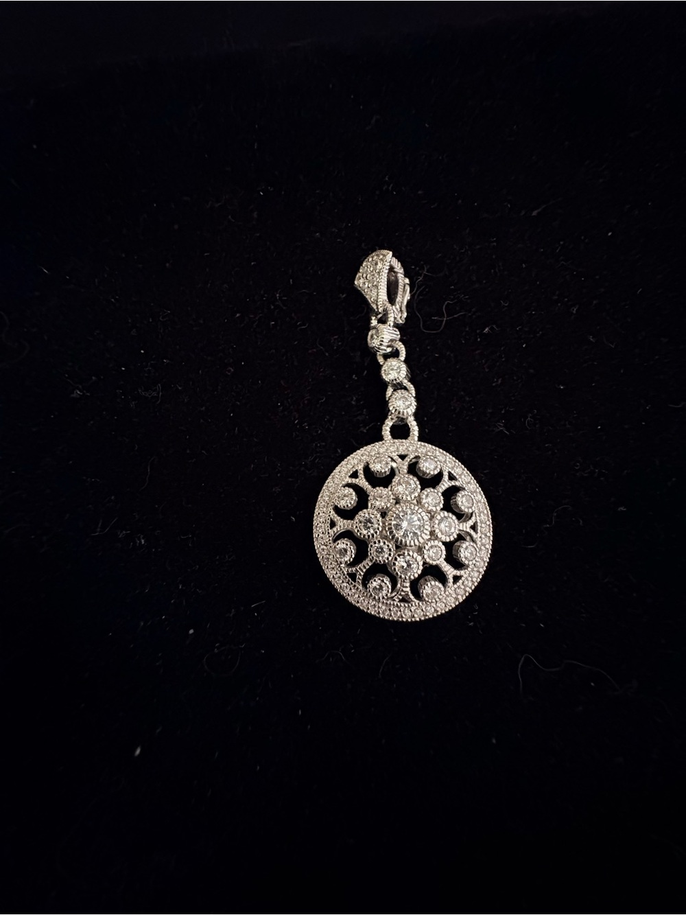 Sterling Silver Round Filigree CZ Drop Pendant in White